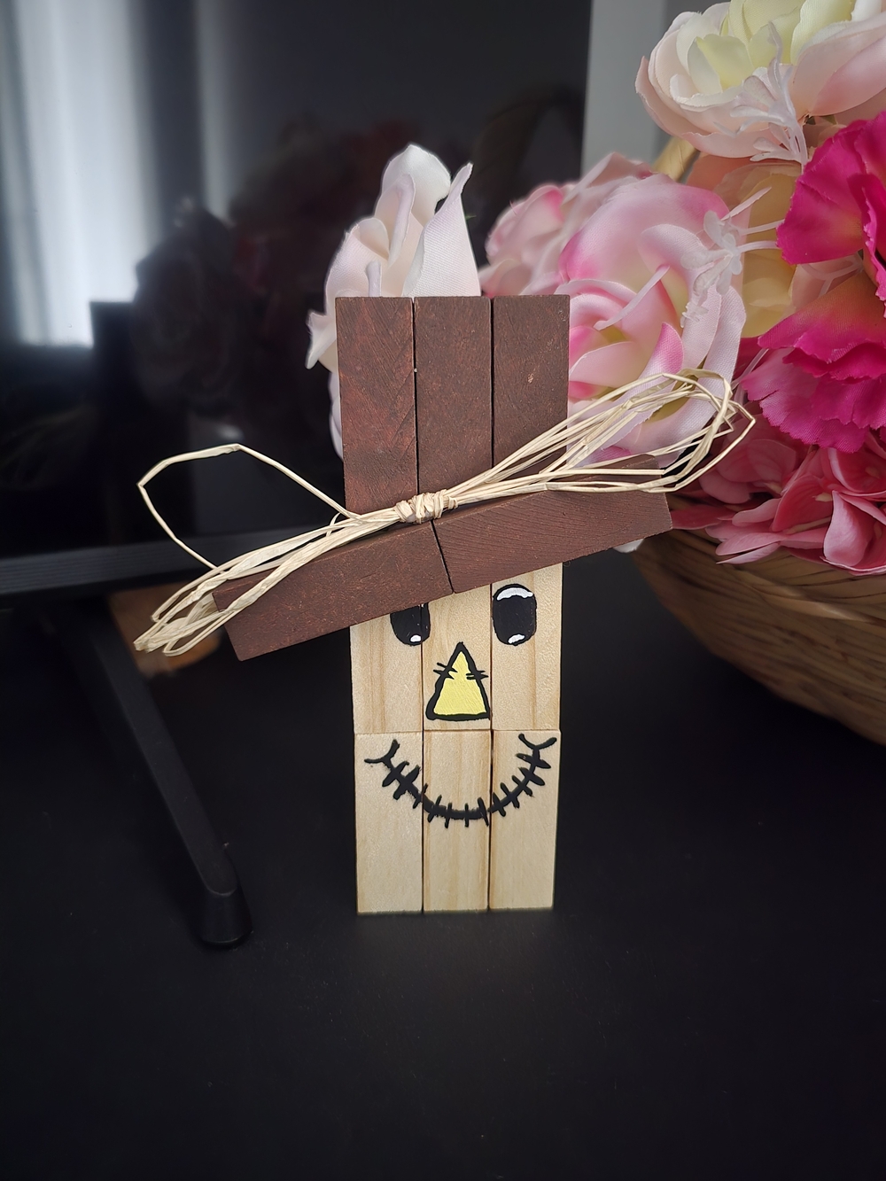 Handmade Wood Scarecrow Figurine in Brown and Natural